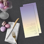 Houtgradiënt bruiloft Indigo Sunset ID741 Menu<br><div class="desc">De achtergrond voor de stukken in deze minimalistische trouwset is een oogstende gradiënt van kleuren van indigokleurig tot perzikgeel en bleek geel. De hier getoonde trouwmenukaart is voorzien van een strakke, moderne lay-out en een hedendaagse sans serif lettertype om het aantrekkingskracht ervan aan te vullen. Voeg eenvoudig uw menuselecties, initialen...</div>