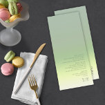 Houtgradiënt bruiloft Lentemweide ID741 Menu<br><div class="desc">De achtergrond voor de stukken in deze minimalistische trouwset is een oogstende gradiënt van kleuren van zacht, groen tot bleek geel tot ivoor. De hier getoonde trouwmenukaart is voorzien van een strakke, moderne lay-out en een hedendaagse sans serif lettertype om het aantrekkingskracht ervan aan te vullen. Voeg eenvoudig uw menuselecties,...</div>