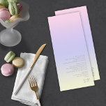Houtgradiënt bruiloft pasta Dawn ID741 Menu<br><div class="desc">De achtergrond voor de stukken in deze minimalistische trouwset is een oogstende gradiënt van pastelkleuren van zacht roze tot lavender, periwinkle en geel. De hier getoonde trouwmenukaart is voorzien van een strakke, moderne lay-out en een hedendaagse sans serif lettertype om het aantrekkingskracht ervan aan te vullen. Voeg eenvoudig uw menuselecties,...</div>