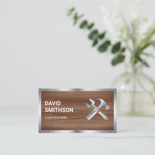 Houtgrijsstaal Handyman automatische reparatie Visitekaartje (Staand voorkant)
