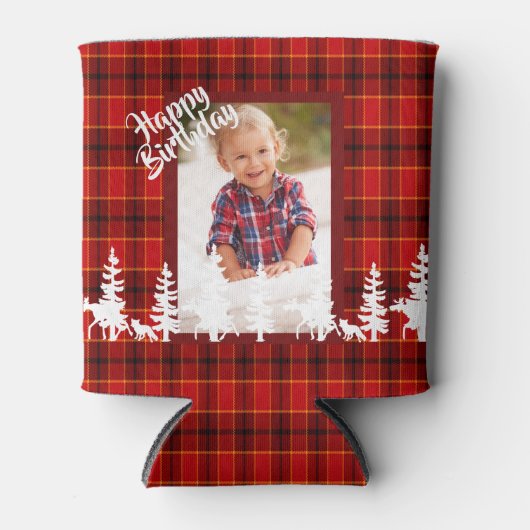 Houthakker verjaardagsfoto rood geruit patroon blikjeskoeler (Voorkant)