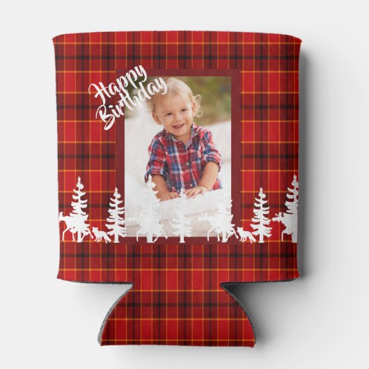 Houthakker verjaardagsfoto rood geruit patroon blikjeskoeler (Achterkant)