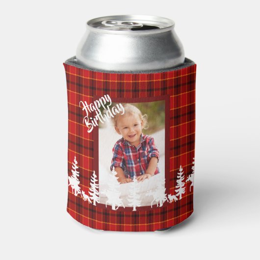 Houthakker verjaardagsfoto rood geruit patroon blikjeskoeler (Blikje Achterkant)