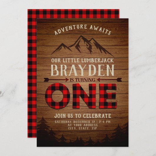 Houthakkers Buffalo Plaid Eerste Verjaardag Kaart (Voorkant / Achterkant)