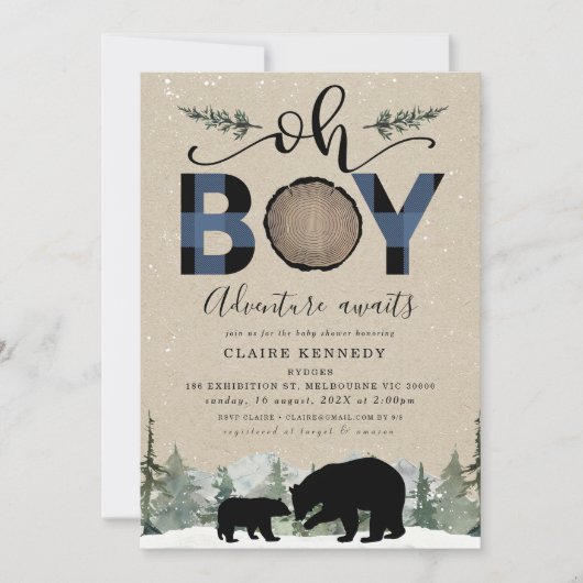 Houthakkers Navy Flanellen Kraft O Boy Baby Shower Kaart (Voorkant)