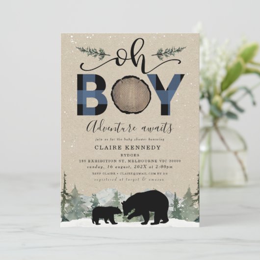 Houthakkers Navy Flanellen Kraft O Boy Baby Shower Kaart (Staand voorkant)