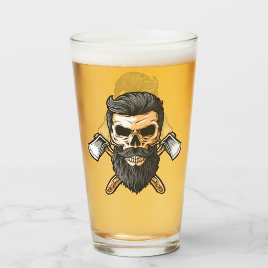 Houthakkersbaard Schedel Gekruiste Bijlen Bier Glas (Voorkant gevuld)