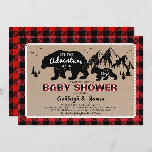 Houthakkersbos Beer Gestreepte Baby Shower Kaart (Voorkant / Achterkant)