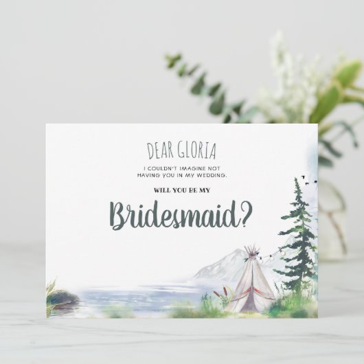 Houtige Bergen Avontuur Bruidsmeisje Voorstel Kaart (Staand voorkant)