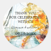 Houtige herfst bos bruiloft cadeautje ronde sticker (Voorkant)