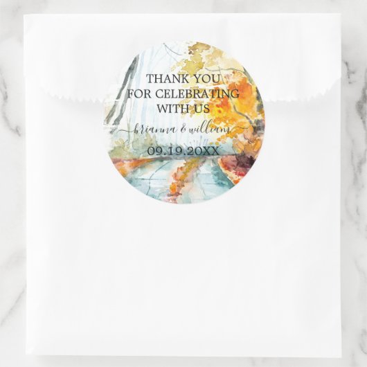 Houtige herfst bos bruiloft cadeautje ronde sticker (Tas)