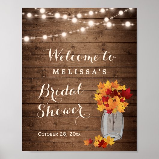 Houtige Herfstbladeren Slingerlichten Bruidsdouche Poster (Voorkant)