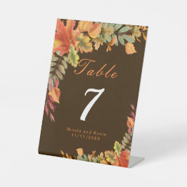 Houtige Herfstbladeren Trouw Tafelnummer Reclamebord Met Voetstuk