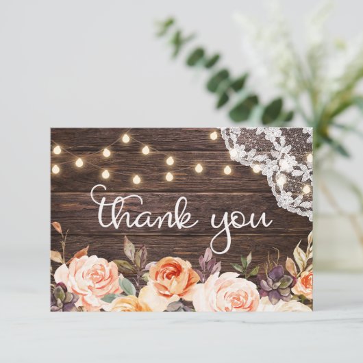 Houtkant, String Lights, Blush & Peach Floral Bedankkaart (Staand voorkant)