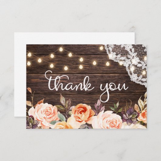 Houtkant, String Lights, Blush & Peach Floral Bedankkaart (Voorkant / Achterkant)