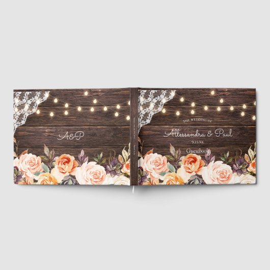 Houtkant, String Lights, Blush & Peach Floral Gastenboek (Volledig)