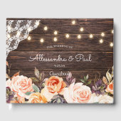 Houtkant, String Lights, Blush & Peach Floral Gastenboek (Voorkant)