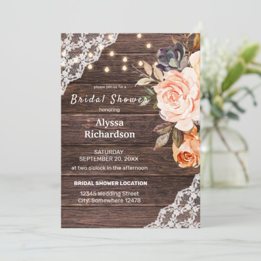 Houtkant, String Lights, Blush & Peach Floral Kaart (Staand voorkant)