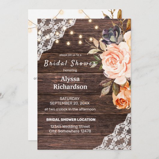 Houtkant, String Lights, Blush & Peach Floral Kaart (Voorkant / Achterkant)