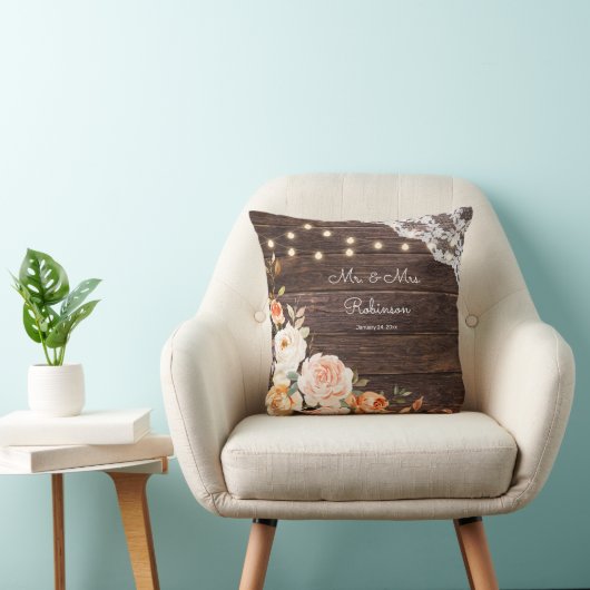 Houtkant, String Lights, Blush & Peach Floral Kussen (Stoel)