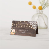 Houtkant, String Lights, Blush & Peach Floral Plaatskaartje (Achterkant)