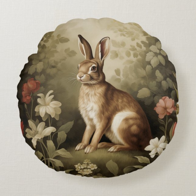  Houtkonijn in een bloemenbos Rond Kussen (Voorkant)