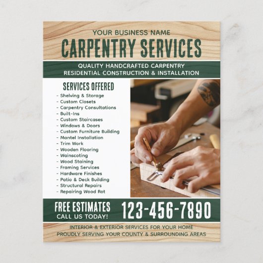 Houtkorrel Carpenter Construction Handyman Green Flyer (Voorkant)