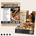 Houtkorrel Carpenter Construction Handyman Zwart Flyer<br><div class="desc">Trek meer klanten naar uw bedrijf met deze stijlvolle marketingflyer. Een perfecte keuze als u op zoek bent naar een rustieke, natuurlijke of handgemaakte sfeer. Met een houtnerftextuur en rustieke vetgedrukte letters, met vijf foto's om uw werk te laten zien. Personaliseer de sjabloon met jouw naam, kop, beschrijving, lijst met...</div>