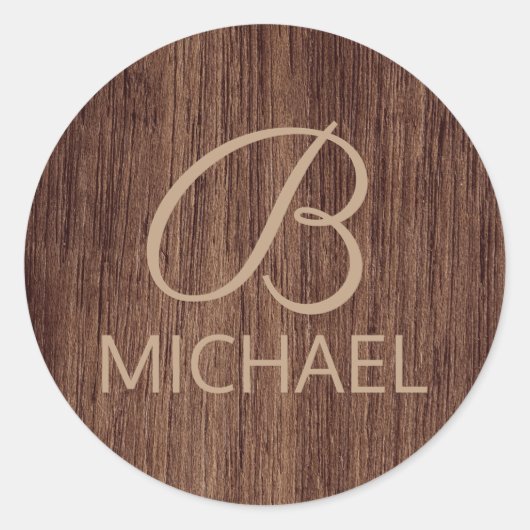 Houtkorrelhout met monogram, gepersonaliseerde naa ronde sticker (Voorkant)