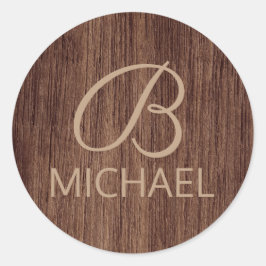 Houtkorrelhout met monogram, gepersonaliseerde naa ronde sticker