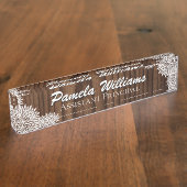 Houtkorrels en witte bloemen Aangepaste desk Naambordje (Zijkant)