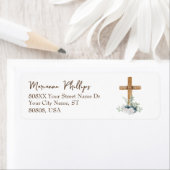 Houtkruis met blauwe en witte bloemen etiket (Insitu)