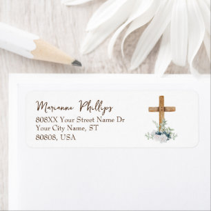 Houtkruis met blauwe en witte bloemen etiket