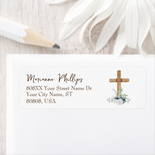 Houtkruis met blauwe en witte bloemen etiket (Insitu)