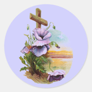 Houtkruis met paarse bloemen ronde sticker