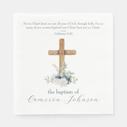 Houtkruis Wit & Blauw Doop Bijbel Verse Servet (Voorkant)
