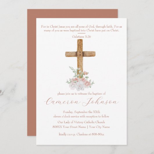 Houtkruis Wit en Blush Bloemen Doop Kaart (Voorkant / Achterkant)