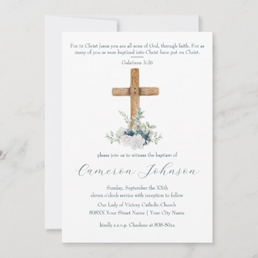 Houtkruis Witte en Blauwe Bloemen Doop Kaart (Voorkant)