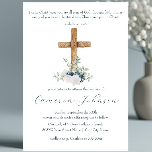 Houtkruis Witte en Blauwe Bloemen Doop Kaart