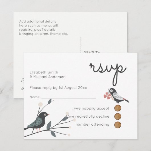 Houtland Liefdesvogels Trouw RSVP Retour Budget Uitnodiging Briefkaart (Voorkant / Achterkant)