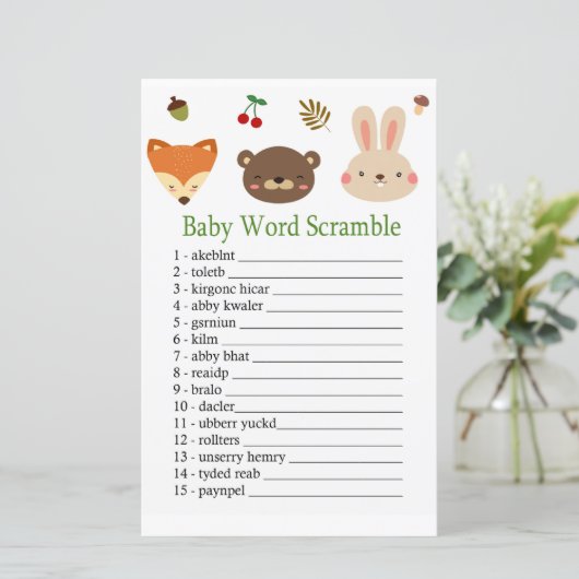 Houtlanddieren Baby woord-scramble game (Staand voorkant)