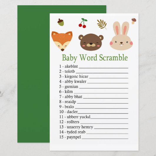 Houtlanddieren Baby woord-scramble game (Voorkant / Achterkant)