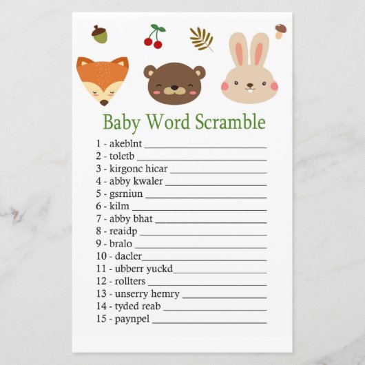 Houtlanddieren Baby woord-scramble game (Voorkant)