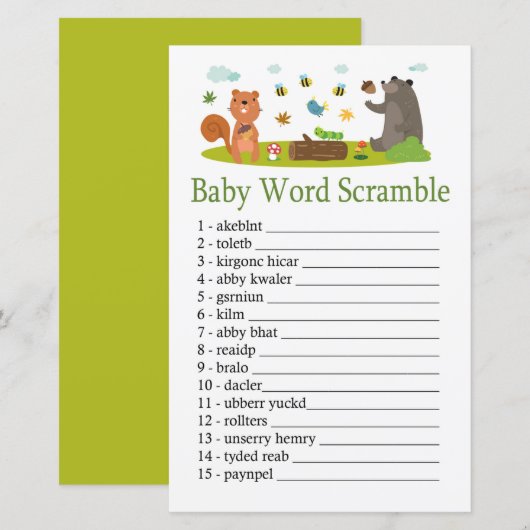 Houtlanddieren Baby woord-scramble game (Voorkant / Achterkant)