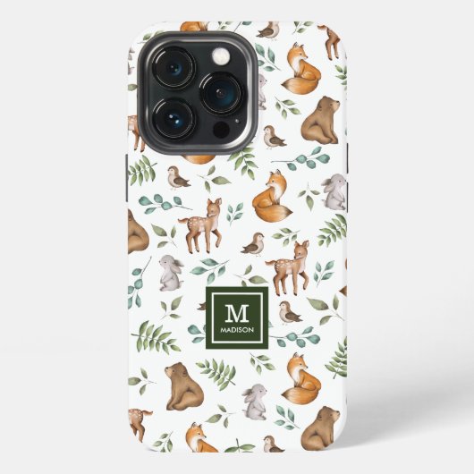 Houtlanddieren Leafy Forest Pattern Monogram iPhone Hoesje (Achterkant)