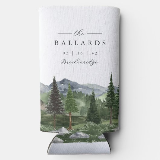 houtlijn | Mountain Forest Wedding Favoriet Seltzer Blikjeskoeler (Achterkant)