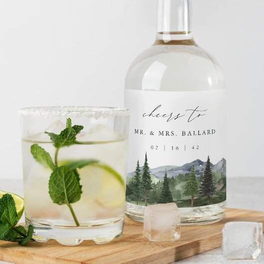 houtlijn | Waterverf Mountain Forest Wedding Likeurfles Etiket