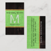 Houtlook Lime Green Burlap Rustige Monogram Visitekaartje (Voorkant / Achterkant)