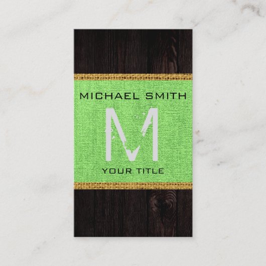 Houtlook Lime Green Burlap Rustige Monogram Visitekaartje (Voorkant)
