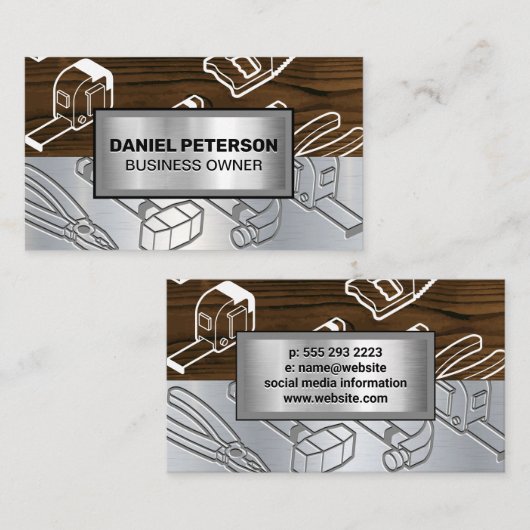 houtmetaal | Industrieel gereedschap gegraveerd Visitekaartje (Voorkant / Achterkant)